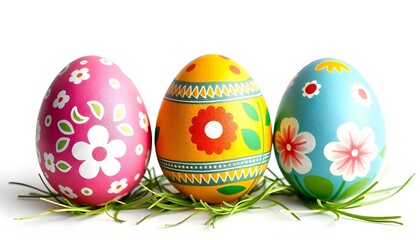 Fototapeta premium Three brightly colored decorated Easter eggs isolated on a white background
