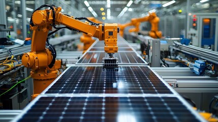 Automated robotic arm installing solar panels in a modern facility.