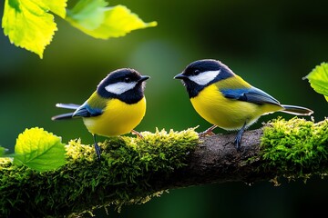 Fototapeta premium Beautiful birds in a tranquil, sunlit forest captured in a photo, emphasizing the peacefulness of their natural habitat