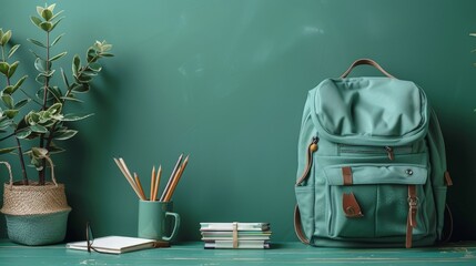 A tranquil study corner with a green backpack, stationery, and vibrant plants on a cozy workspace. Generative AI