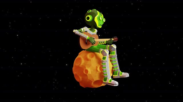 Alien musician serenades from a small asteroid in outer space. Green alien with an acoustic guitar sits on the moon. Looped animation with an alpha channel.