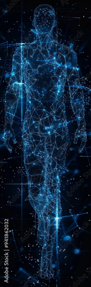 Poster a digital representation of a human form made from a network of glowing blue nodes and lines, showca