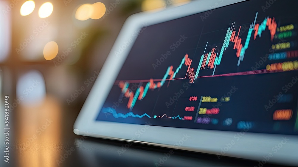 Poster detailed shot of a stock chart with market trends and performance metrics displayed on a tablet or l