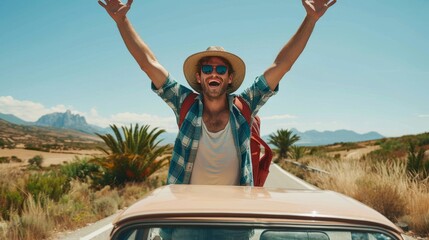 A young, excited man with sunglasses and a hat, arms raised in joy, enjoying a road trip in a convertible on a sunny day with a picturesque landscape.
