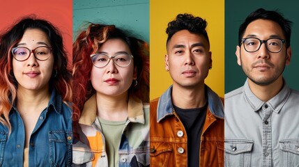 A modern and diverse set of four individuals posing with different fashion styles against colorful backgrounds, all wearing glasses, epitomizing bold expressions.