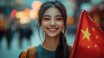 young smiling asian woman holding red chinese flag on street in shanghai or beijing, china, prc, national symbol, communism, girl, people, person, traveler, patriot, exchange student, youth day