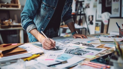 Creative artist sketching designs on a cluttered workspace filled with art supplies and colorful papers in a sunlit studio