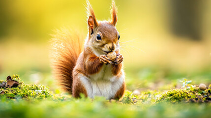 Obraz premium Red Squirrel Eating a Nut in a Forest