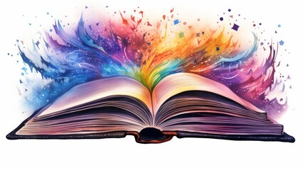 Image of open antique book with fantasy glitter effect overlay isolated on white. Neural network ai generated art