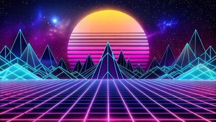 Obraz premium Retro Neon Music Landscape with Sunset, Music Day 80s Theme