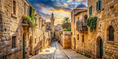 Fototapeta premium Ancient stone walls and narrow streets of Jerusalem's Old City, with worn cobblestones and weathered limestone buildings, exude historical charm and cultural significance.
