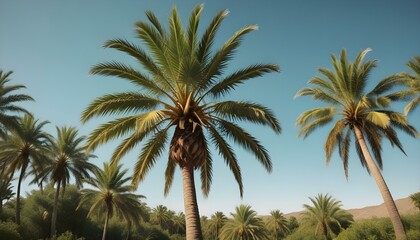 A tall palm tree swaying gently in the breeze, showcasing its fan-shaped leaves and textured trunk against a clear blue sky, evoking a tropical paradise.