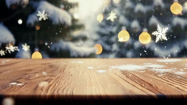 Wooden tabletop with blurred snowy forest with decorated Christmas trees