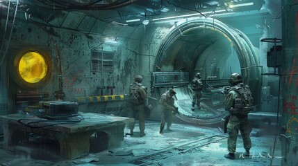 Armed soldiers are investigating a mysterious tunnel in a decrepit underground facility, bathed in eerie neon light. The scene feels tense and full of anticipation.