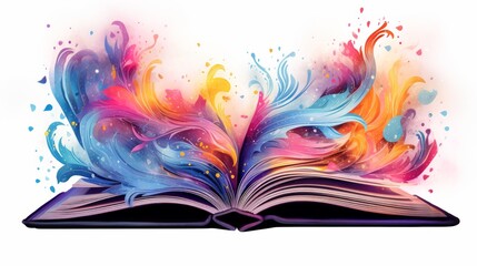 Image of open antique book with fantasy glitter effect overlay isolated on white. Neural network ai generated art