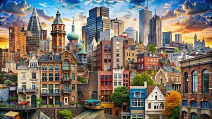 Fototapeta premium Postmodern Collage of City Dreams: Fragments of urban life and architectural elements assemble into a dreamlike and enigmatic collage.