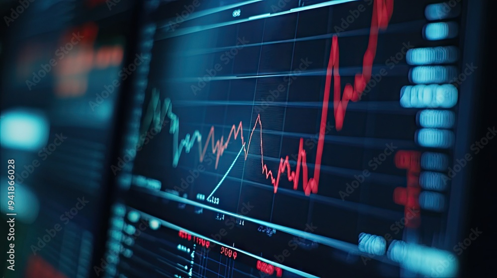 Poster detailed shot of financial data on a computer screen, including line graphs and performance indicato