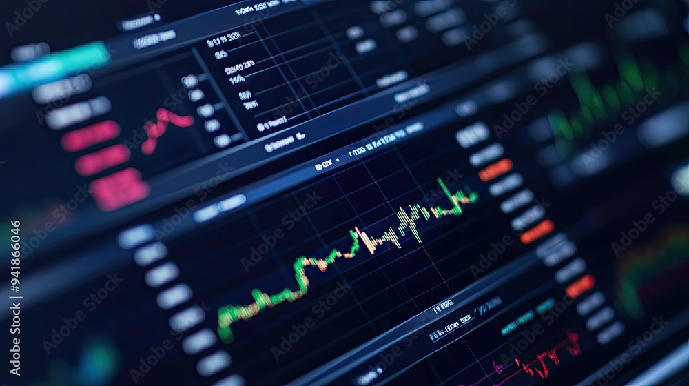 Poster detailed shot of financial data on a computer screen, including line graphs and performance indicato