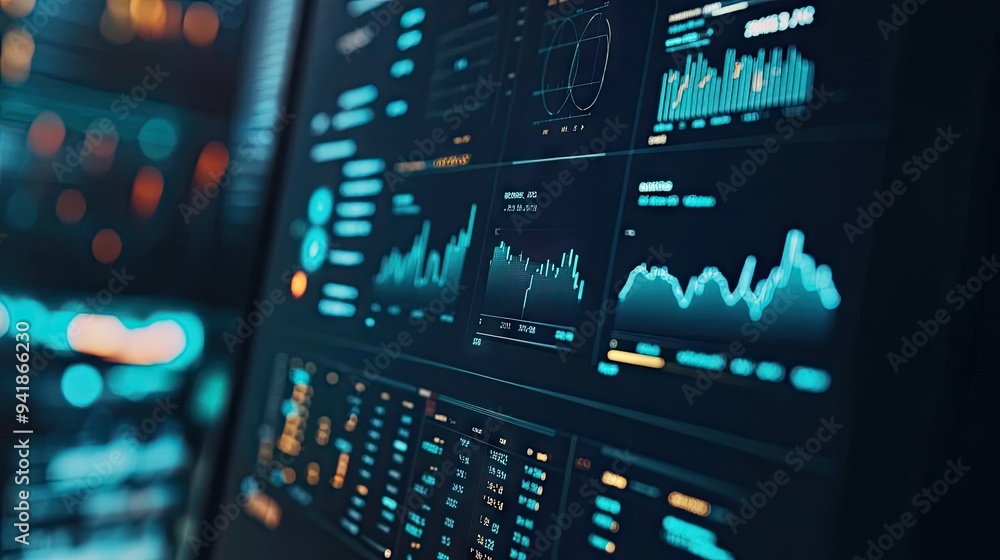 Poster detailed shot of financial data on a computer screen, including line graphs and performance indicato