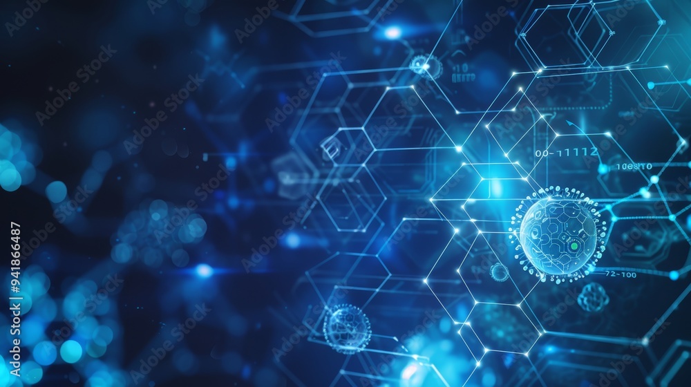 Poster abstract digital design showing network connections with hexagon shapes and vivid blue particles on 