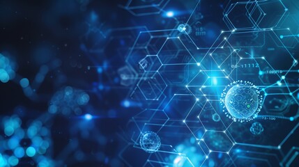 Abstract digital design showing network connections with hexagon shapes and vivid blue particles on a futuristic background.