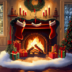 Christmas fireplace setting with wreath and stockings hung by a glowing fireplace