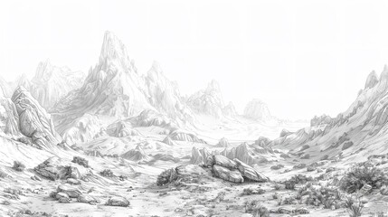 A black and white photograph of snow-covered mountains