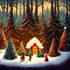 A gingerbread house in a winter forest
