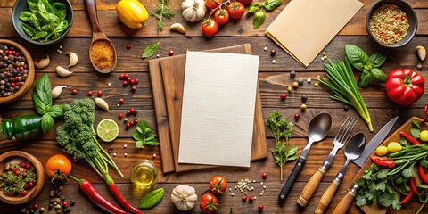 Assorted colorful menu templates scattered on a wooden table, surrounded by utensils and fresh ingredients, inviting designers to create custom restaurant or café menus.
