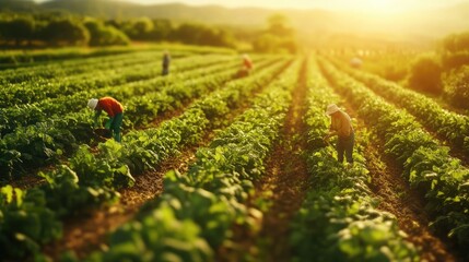 Farm workers cultivate a lush vegetable field during sunset in a picturesque rural landscape