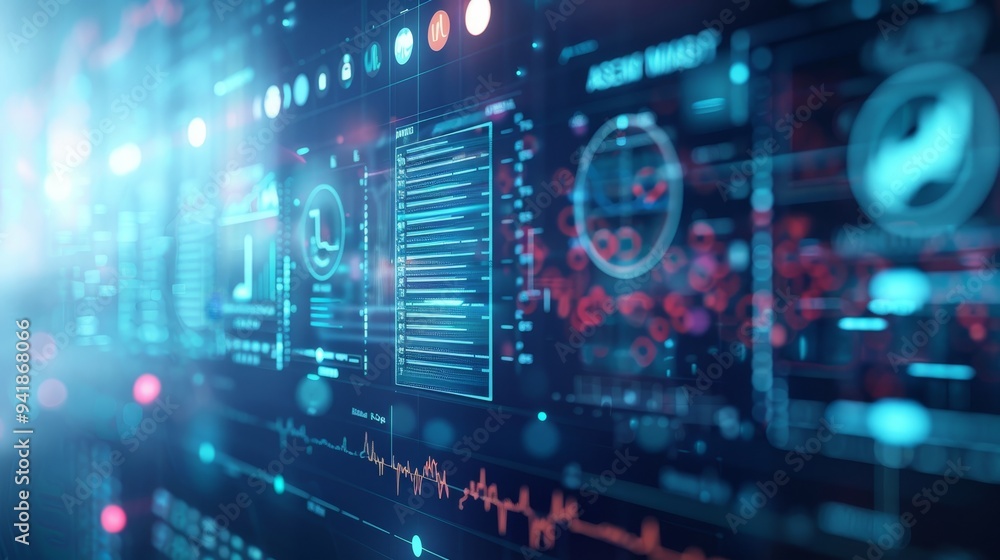 Poster a state-of-the-art digital screen shows comprehensive data analysis with detailed graphs, charts, an