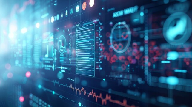 A state-of-the-art digital screen shows comprehensive data analysis with detailed graphs, charts, and performance metrics in a futuristic layout.