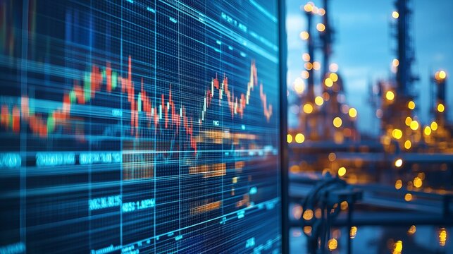 A close-up view of a stock market chart displaying financial data against an industrial backdrop, symbolizing market trends.