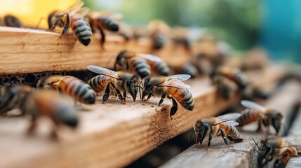 Close-up of multiple bees on a wooden hive in natural sunlight, showcasing their activity and details of their bodies. The image emphasizes their communal work.