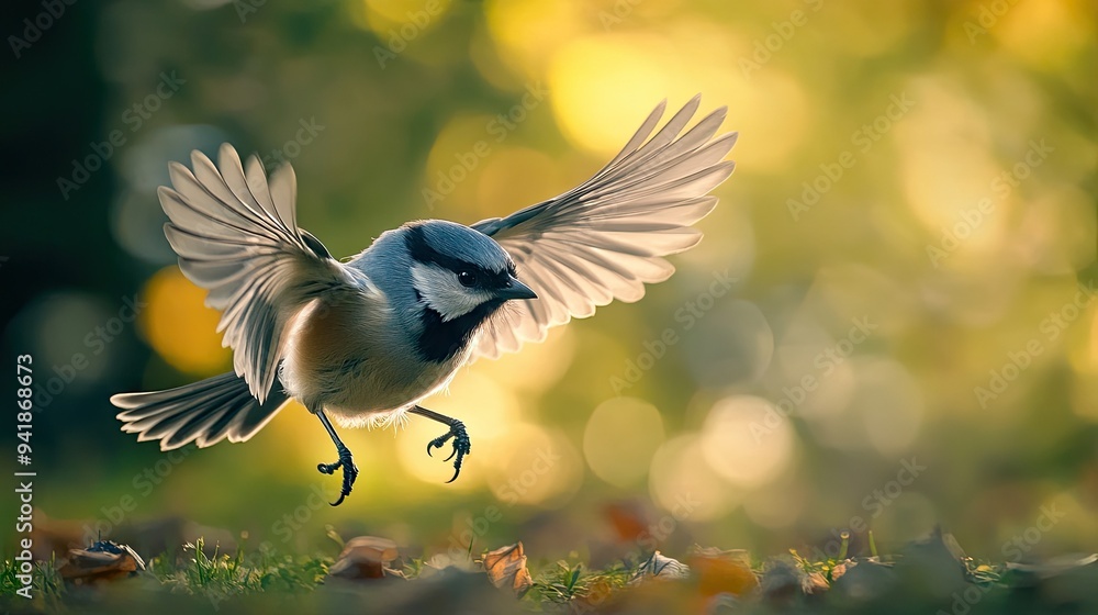 Poster detailed view of a bird hovering close to the ground, with its wings flapping and background blurred