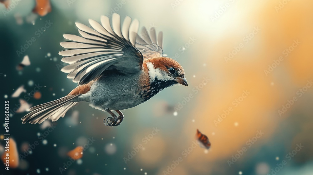 Poster detailed view of a bird hovering close to the ground, with its wings flapping and background blurred
