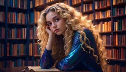 A young girl with blonde hair sitting in a library, surrounded by books. She appears engaged and thoughtful, immersed in her reading in a cozy and quiet environment