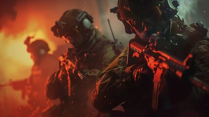 Heavily armed soldiers in full tactical gear advance through a smoky battlefield, demonstrating intense focus and determination in a combat scenario.