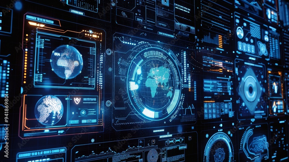 Poster the futuristic image shows a global data interface featuring digital world maps, charts, and numerou