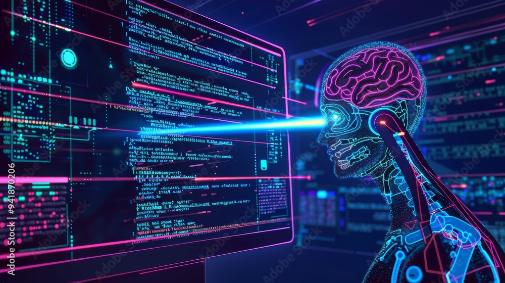 Poster a digital illustration depicting the integration of a human brain with a computer interface, symboli