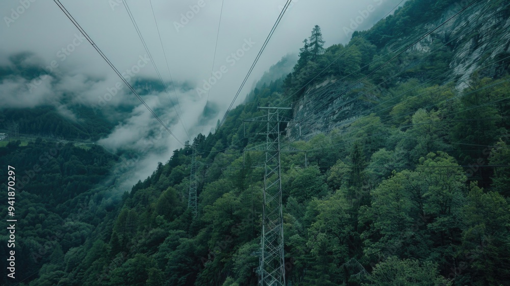 Poster a mountainous terrain with a power transmission line running through the foreground, perfect for use