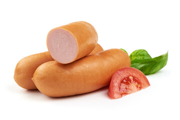 Boiled sausages, close-up, isolated on white background.