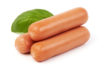 Boiled sausages, close-up, isolated on white background.