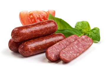 Smoked dried sausages, isolated on white background.