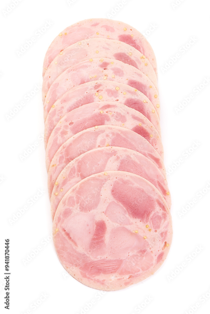 Wall mural Sliced boiled ham sausage, isolated on white background.