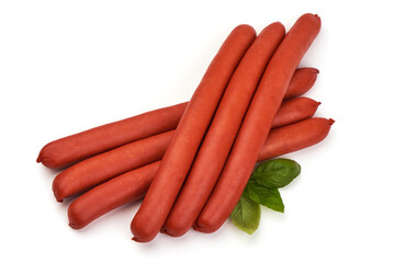 Smoked thin sausages, isolated on white background.