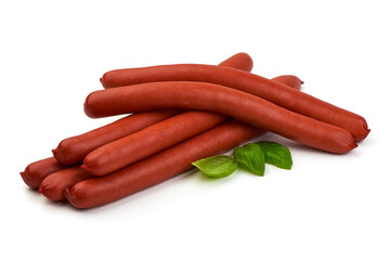 Smoked thin sausages, isolated on white background.