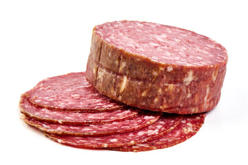 Smoked Milano Salami Sausage, isolated on white background.