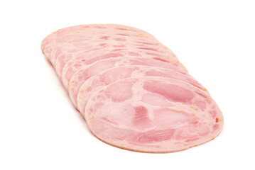 Fototapeta premium Boiled sausage slices, isolated on white background.