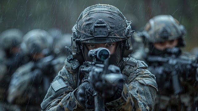 Soldiers in tactical gear advance amidst heavy rain, showcasing teamwork, strength, and resilience in military operations.